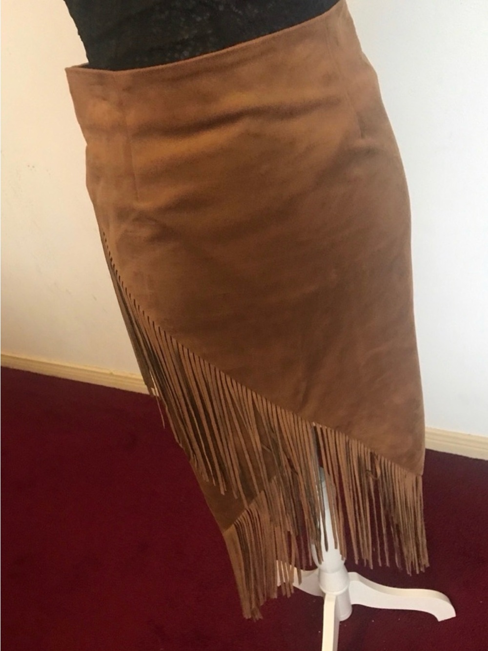Brown faux suede fringe skirt